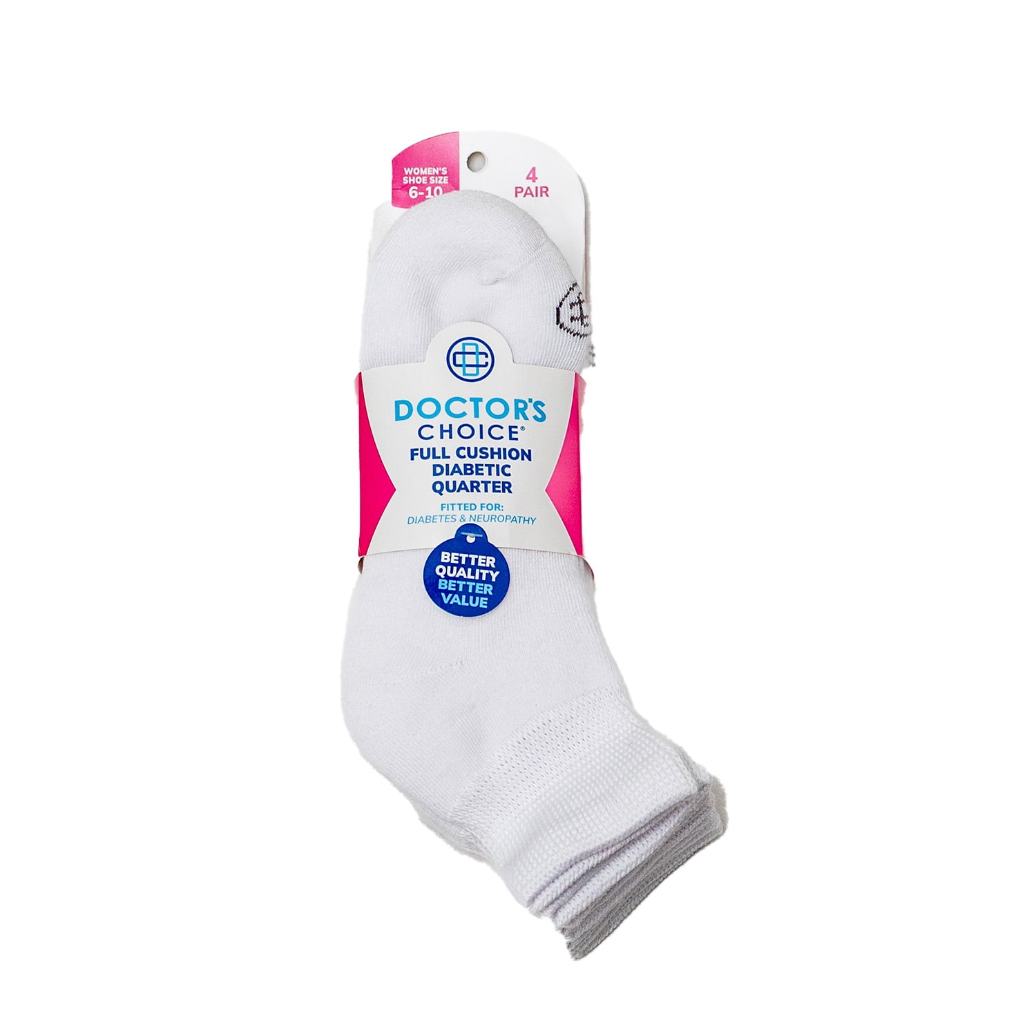 Doctor's Choice Diabetic Full Cushion Quarter Women's Socks, Medium, Women's Shoe Size 6-10, 4 Pack