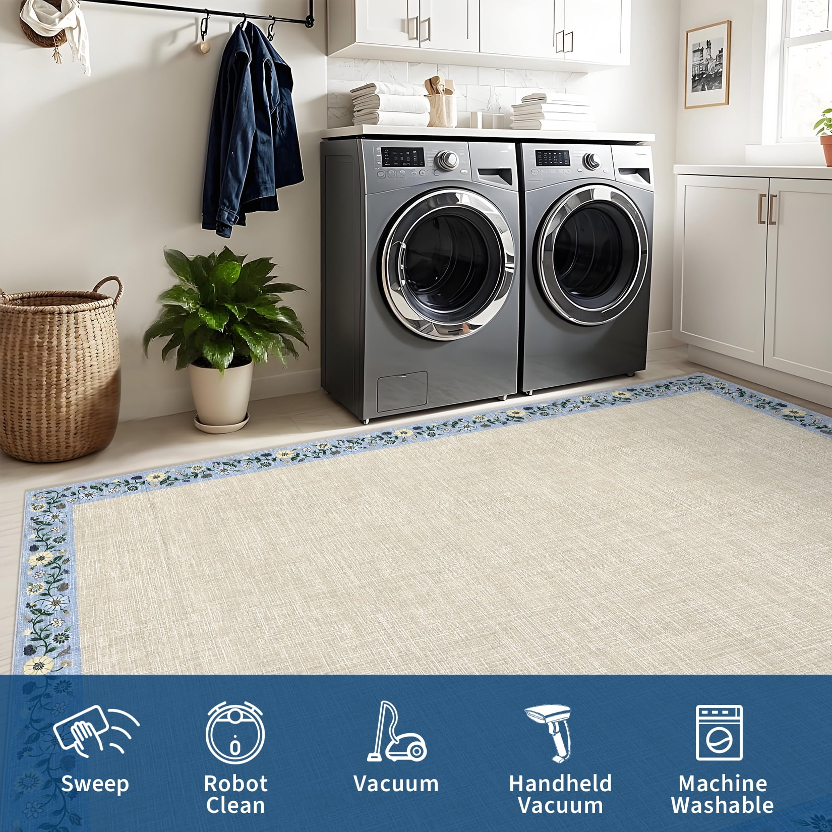 Hasoo Washable Living Room Area Rug 8x10 Large Modern Floral Border Soft Stain Resistant Indoor Beige Carpet