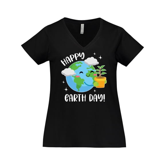Inktastic Happy Earth Day Cute Smiling Planet Earth with Tree Women's Plus Size V-Neck T-Shirt