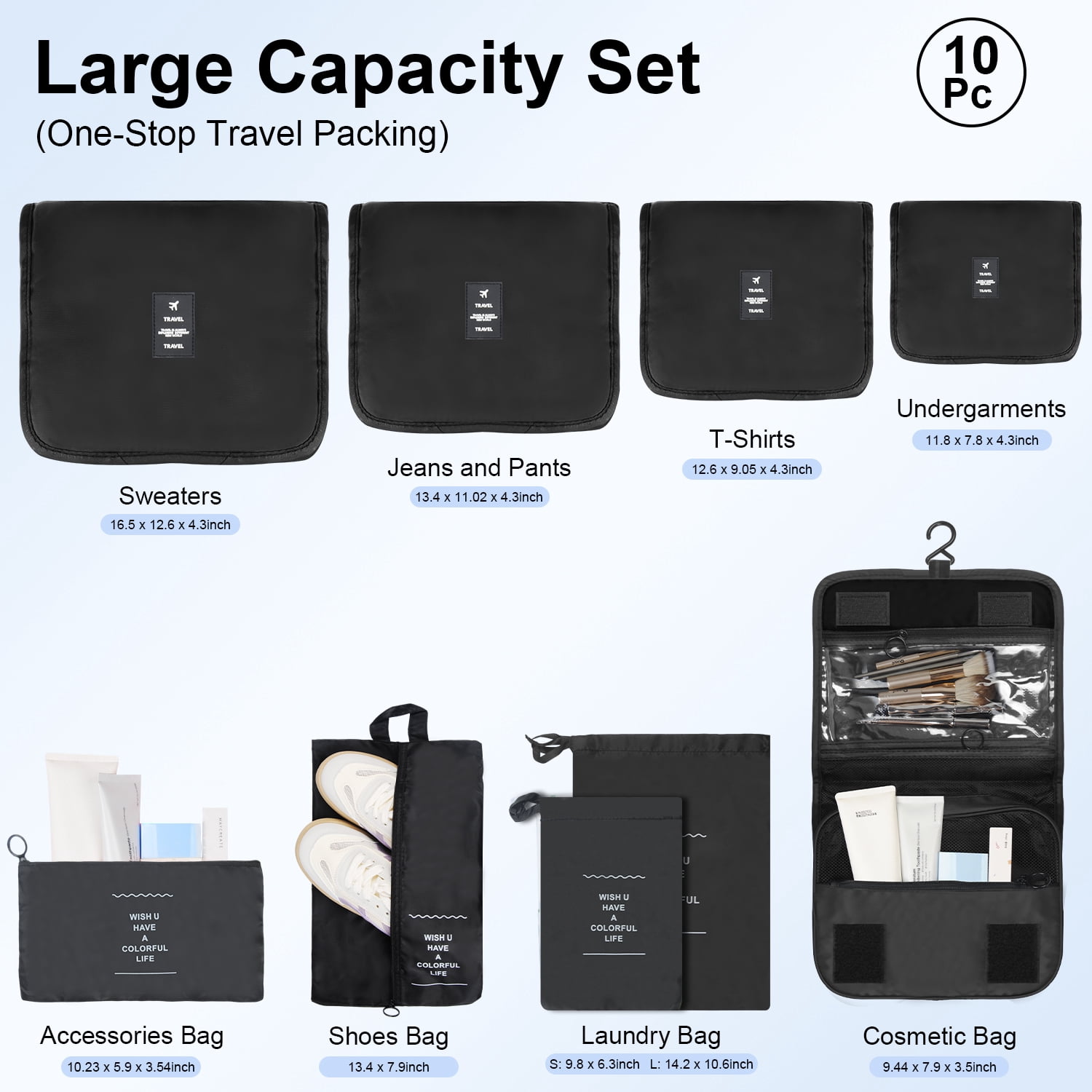 Packing Cubes for Travel,AILKIN 10 PCS,Compression Bags For Travel with Shoe&Hanging Toiletry Bag,Suitcase Travel Accessories Essentials Organizer Bags Packing Cubes for Luggage Compression,Black