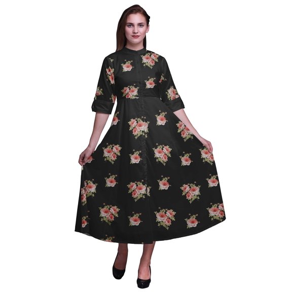 Bimba Floral Button Down Dress Print Mandarin Collar Roll Up Sleeves Shirt Dress-XXX-Large