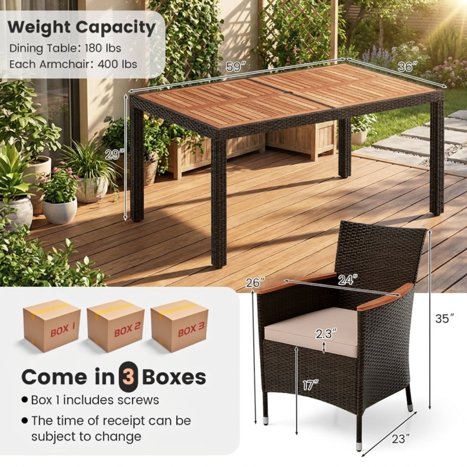 Biotree 7 Piece Patio Rattan Dining Set with Acacia Wood Table and Cushioned Chairs for Outdoor Backyard Garden and Porch Gatherings, Brown