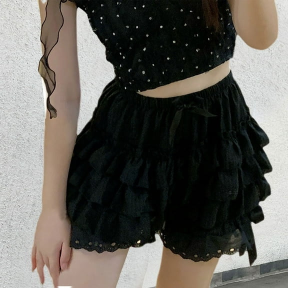 Letdown Women Lace Hollow Out Crochet Knit Shorts Ruffled Layered Pleated Tiered Summer Fall Beach Music Festival Shorts (Black, L)