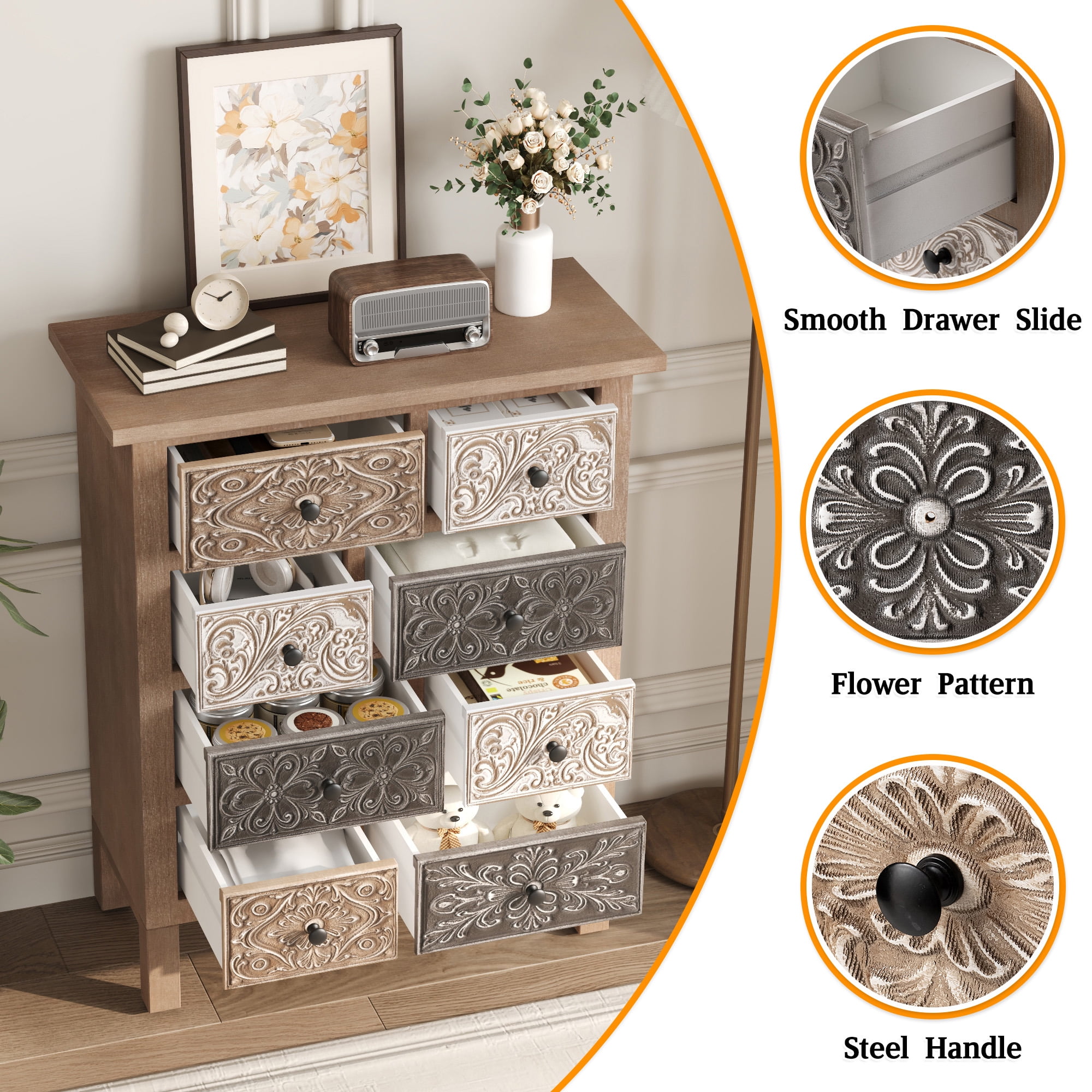 VENTOPYR 8 Drawer Dresser for Bedroom,Farmhouse Chest of Drawers with Vintage Engraved Pattern