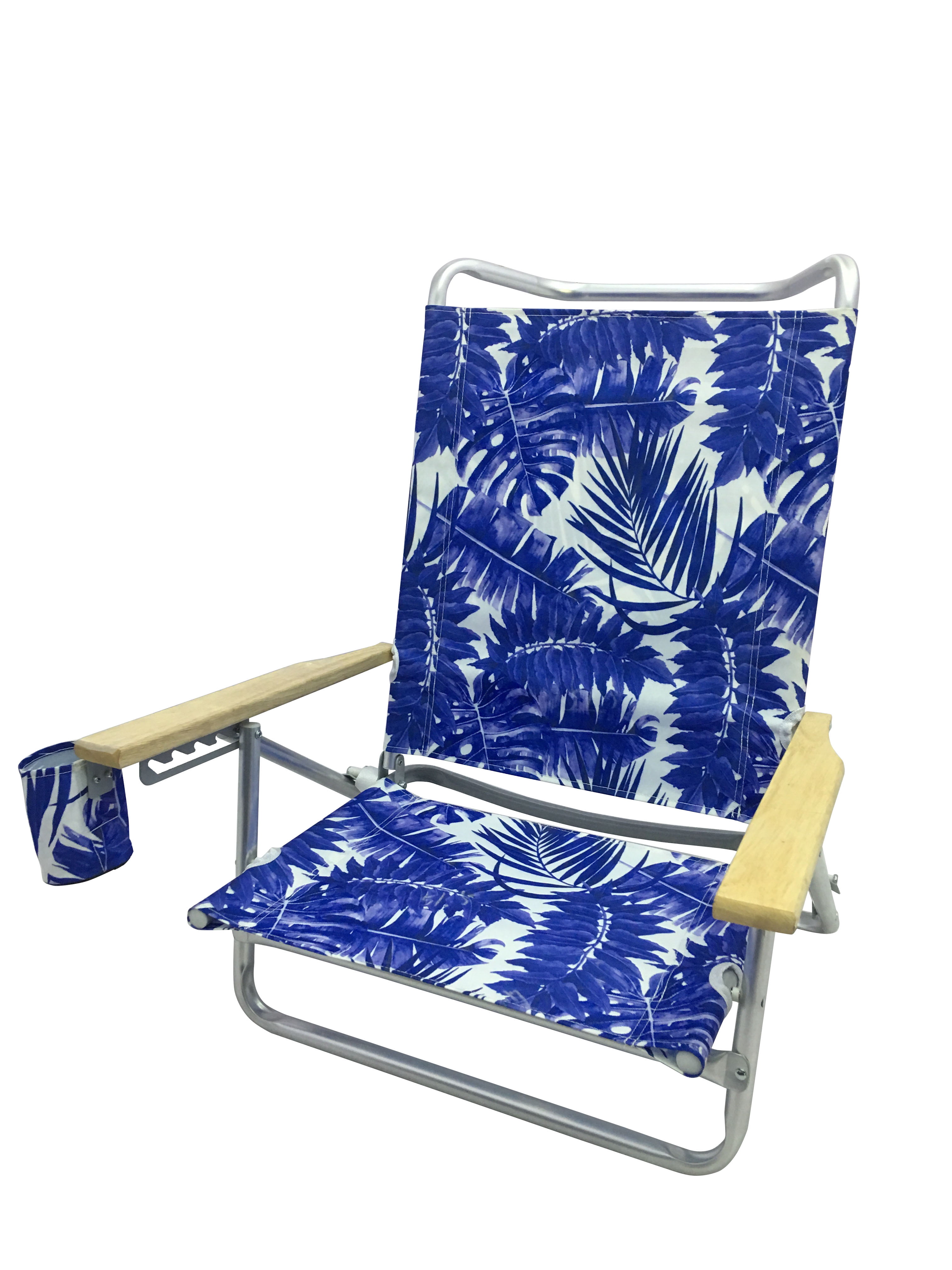 Mainstays Wood Arm Reclining Lay-Flat Beach Chair, Blue Palm