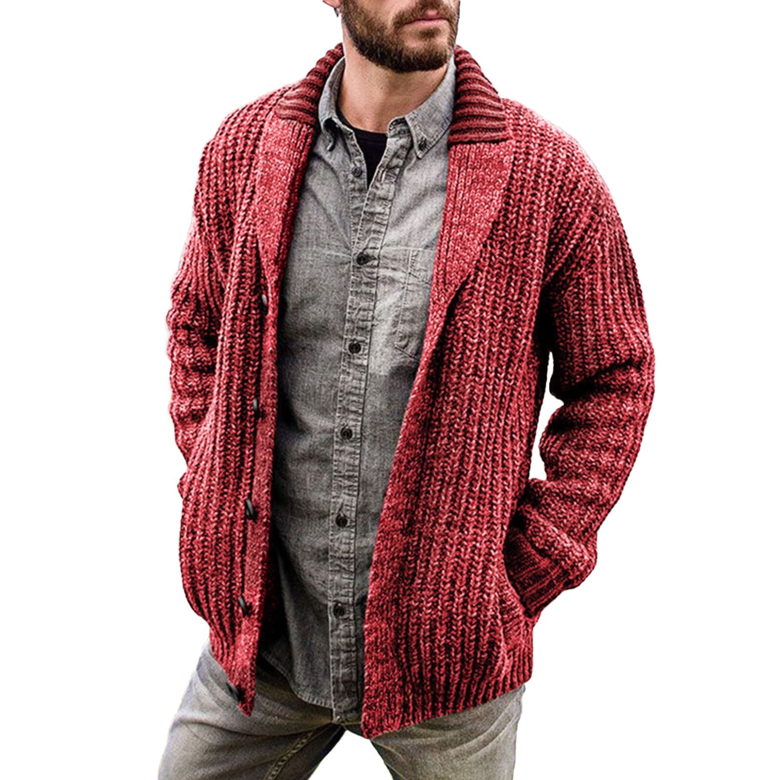 Mens Cable Knit Cardigan Sweater Shawl Collar Loose Fit Long Sleeve Casual Cardigans