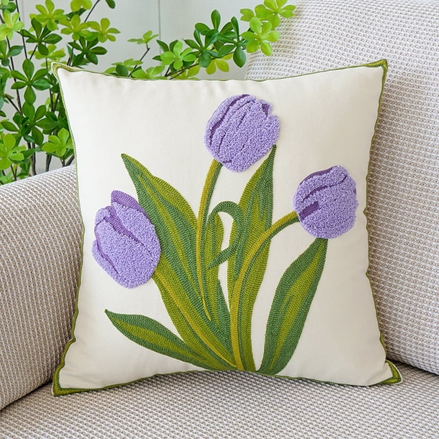 Funda de almohada con diseño de tulipán verde fresco y sencillo con flores bordadas para sofá, cama, almohada de cintura para oficina