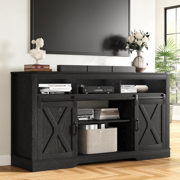 RoyalCraft Farmhouse TV Stand, Tall Entertainment Center for 65 Inch TV with Storage Cabinets and Sliding Barn Doors, Mid Century Modern Media TV Console Table for Living Room (Black)