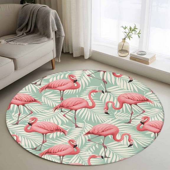 Red Flamingo Round Area Rug 3Ft Washable Small Circle Rugs for Kitchen Entryway, Summer Tropical Plants Leaves Botanical Green Non-Slip Carpet Floor Mats Indoor Outdoor Carpet Runner Home Decor