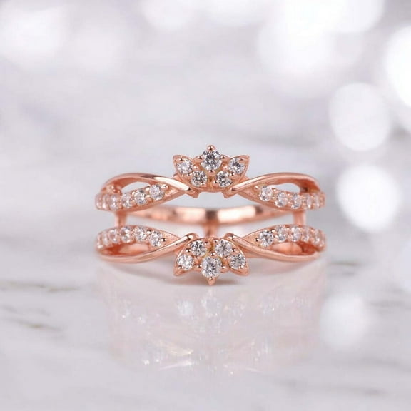 Curved Wedding Band, Double Moissanite Band, Ring Enhancer and Wrap for Round band, Unique Ring Vintage Ring Guard, Christmas gift For Her