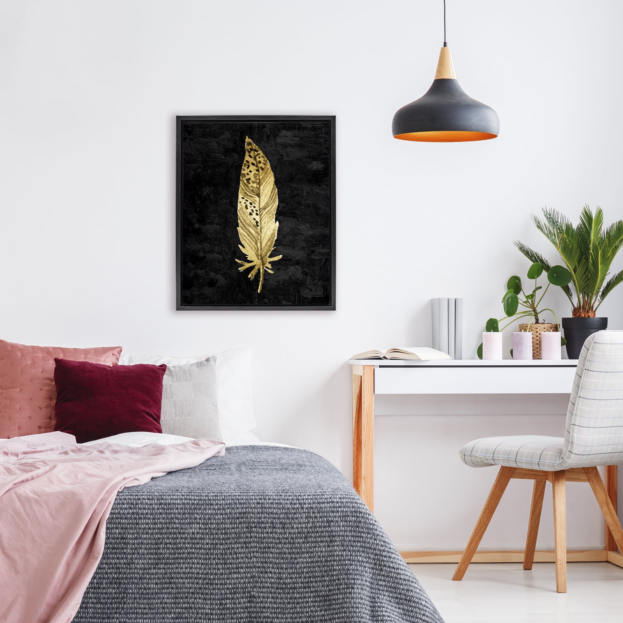 Speckled Feather on Black Black Framed Floater Canvas Wall Art, design by Kim Allen