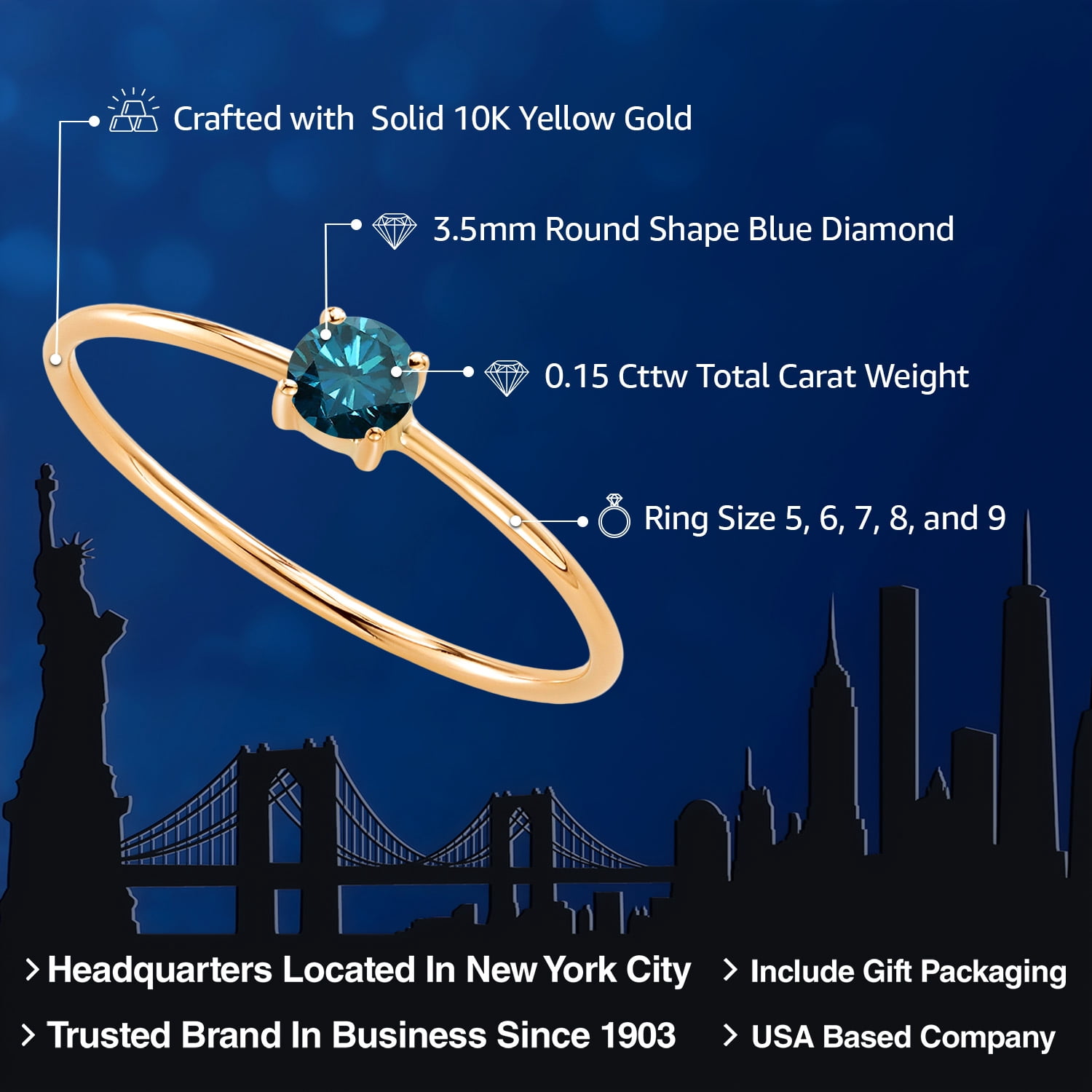 Gem Stone King 10K Yellow Gold Blue Diamond Solitaire Engagement Ring for Women (0.15 Cttw, Round 3.5MM, Gemstone April Birthstone, Size 5)