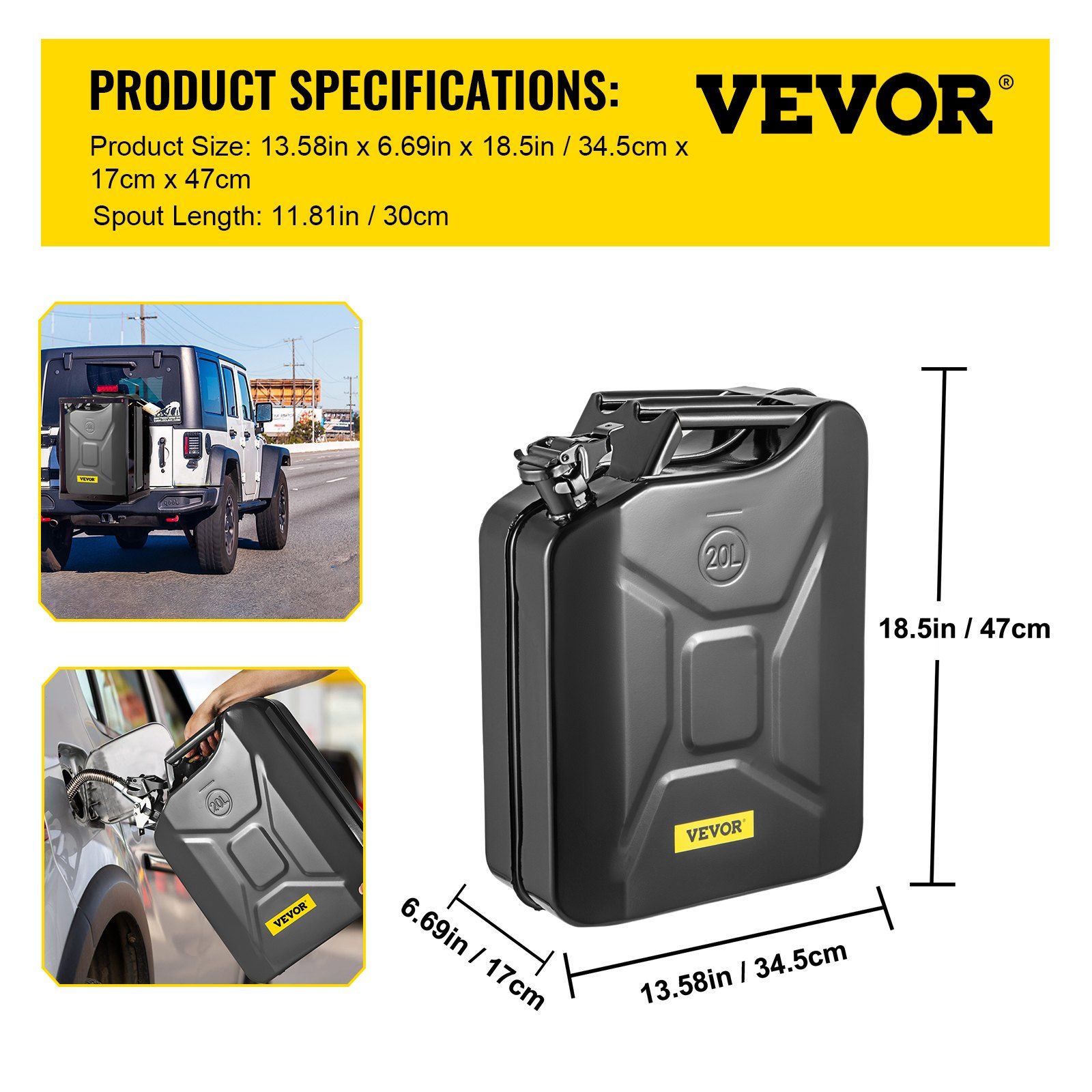 Jerry Fuel Can, 5.3 Gallon / 20 L Portable Jerry Gas Can with Flexible Spout System, Rustproof & Heat-resistant Steel Fuel Tank for Cars Trucks Equipment, Black