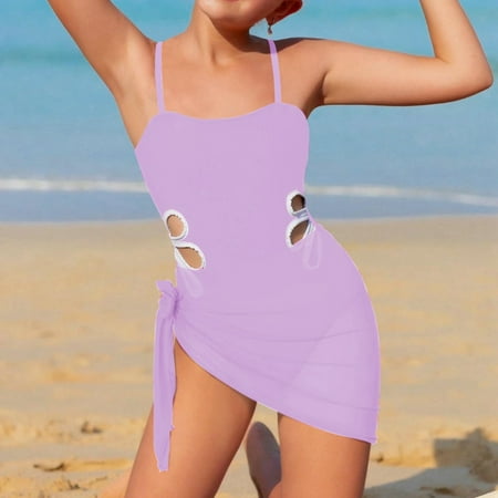 FASHOFT Girls One Piece Swimsuits Cut Out Bathing Suit with Cover up Chest Pad Adjustable Strap Solid Girls Swimwear Light Purple 13-14 Years