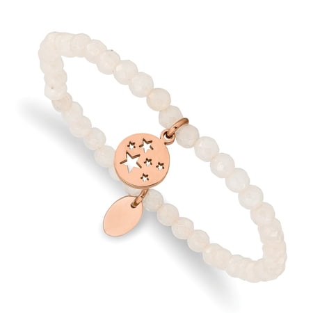 Primal Steel Stainless Steel Polished Rose IP-plated Stars White Jade Beaded Stretch Bracelet