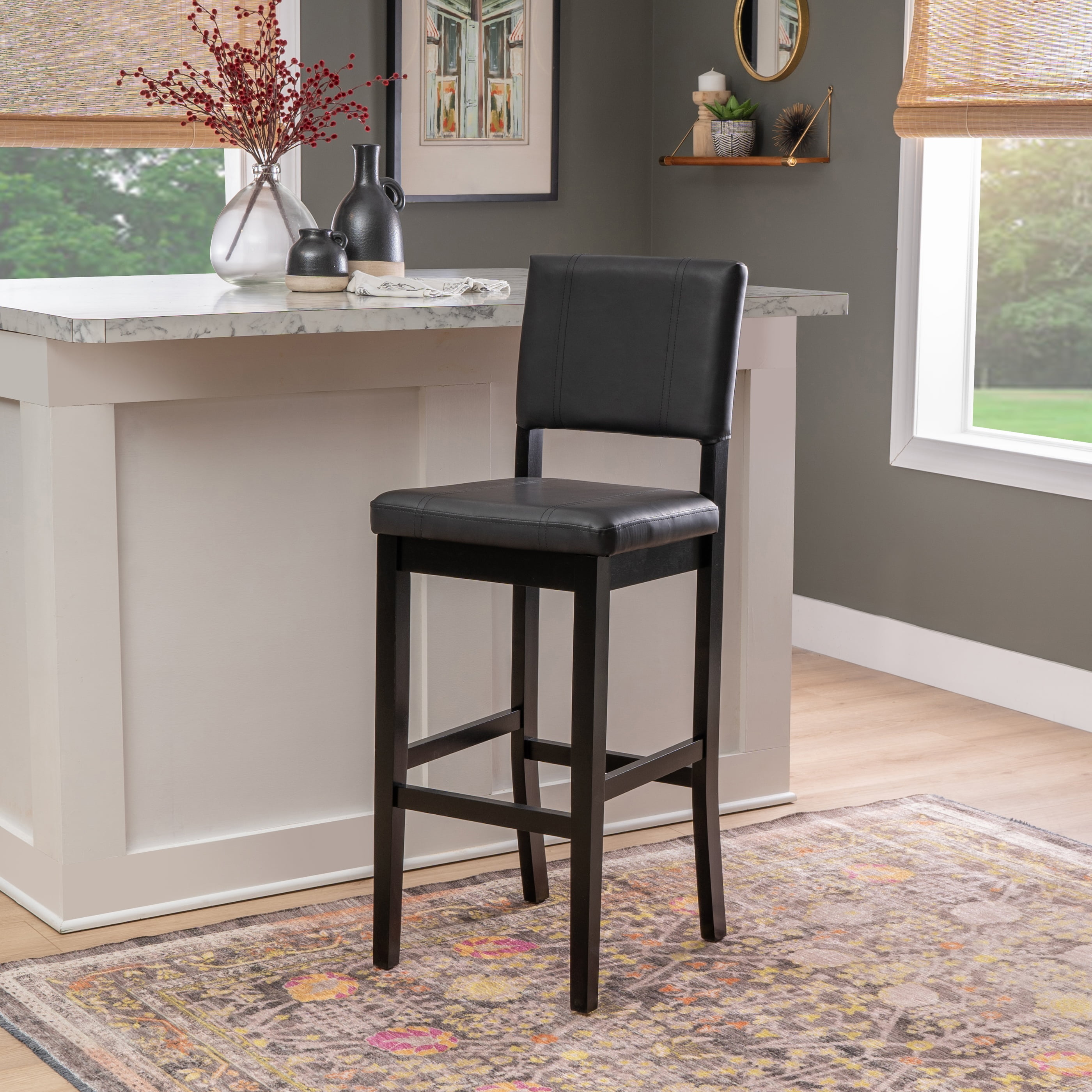 Linon Milano 31" Indoor Padded Mid Back Barstool, Black Faux Leather