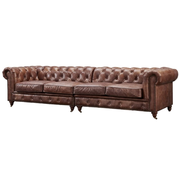 Pemberly Row Top Grain Leather Chesterfield Leather 118" Sofa in Dark Brown