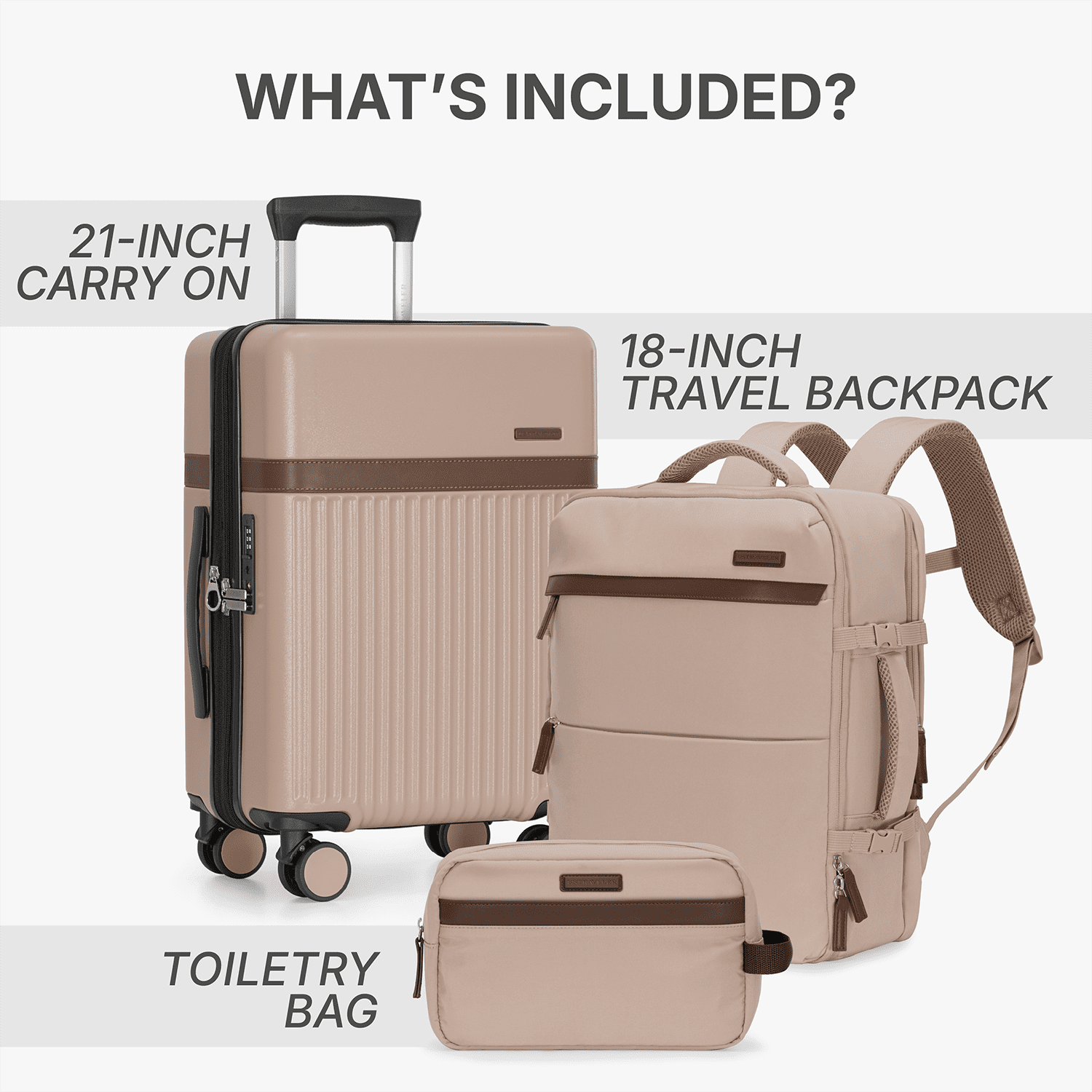 U.S. Traveler 3-Piece Luggage Set with Backpack, 21-Inch Carry-on Hardside Expandable with Spinner Wheels, TSA Lock, 18-Inch Travel Backpack with Laptop Sleeve, 3-Piece Travel Set, Ivory
