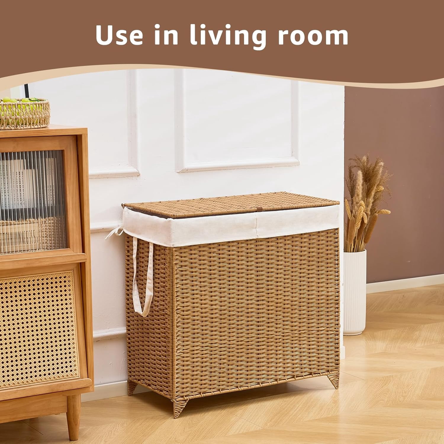 Casa Pura Furniture Adult Natural Hyacinth Wicker Heightened Feet Laundry Hamper with Lid & Removable Liner Bag, Brown