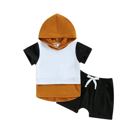 

Lieserram Baby Boys Shorts Set Short Sleeve Hooded Contrast Color T-shirt with Elastic Waist Shorts 3 6 12 18 24 Months Summer Outfit