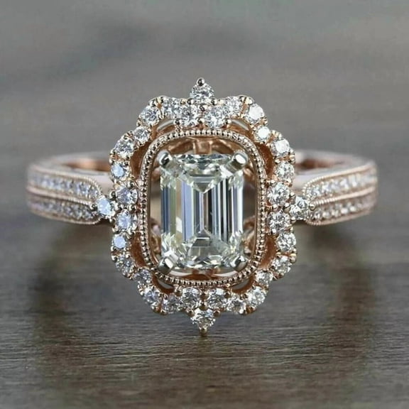 Jewelerix Emerald Cut Halo Engagement Ring for Women Plated Rose Gold Finish Vintage Style Simulated Diamond Ring with Pavé Band