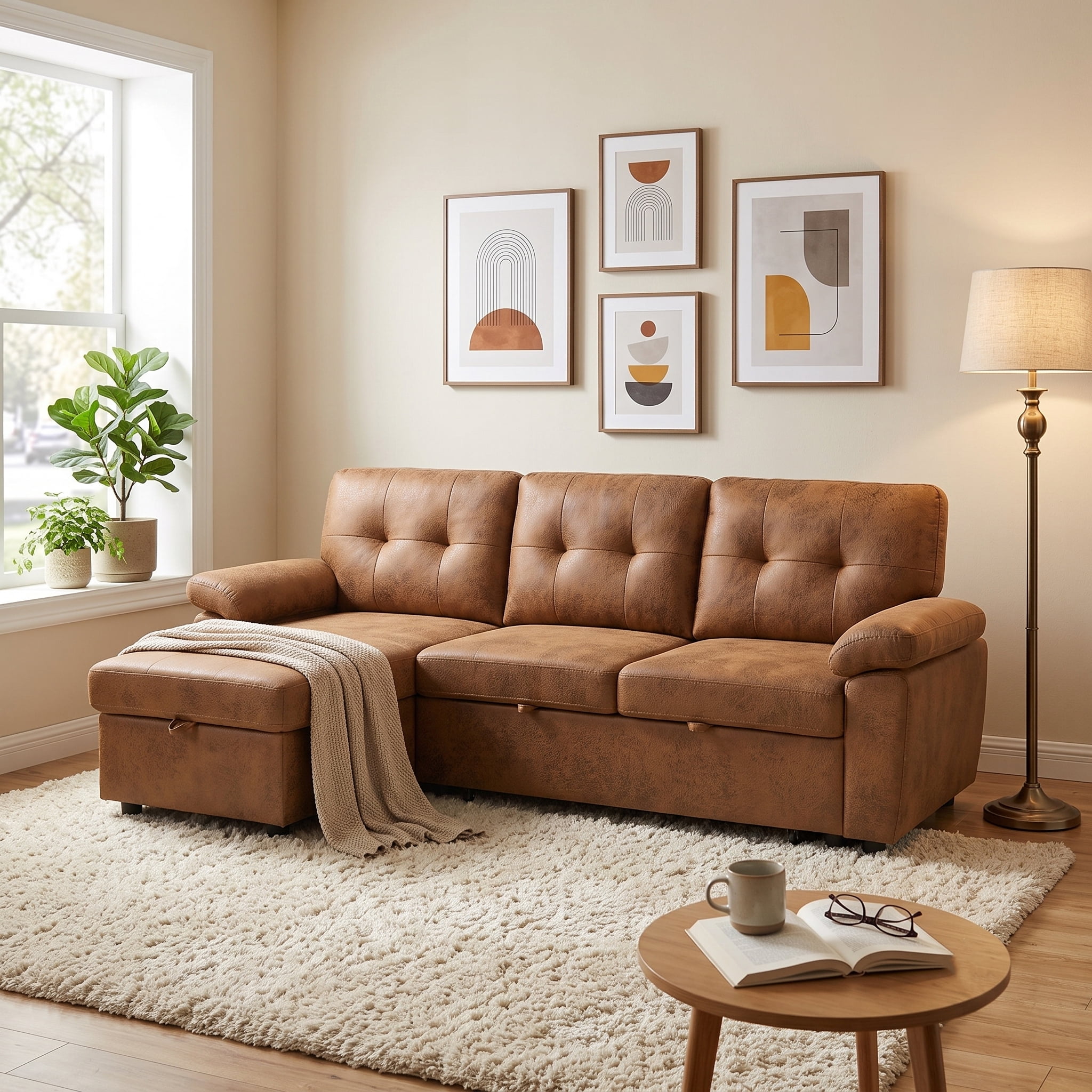 BSHTI 88.5" Polyester Fabric L-Shaped Sectional Sleeper Sofa Bed with Pull-Out Bed, Storage Chaise for Living Room( Light Brown)