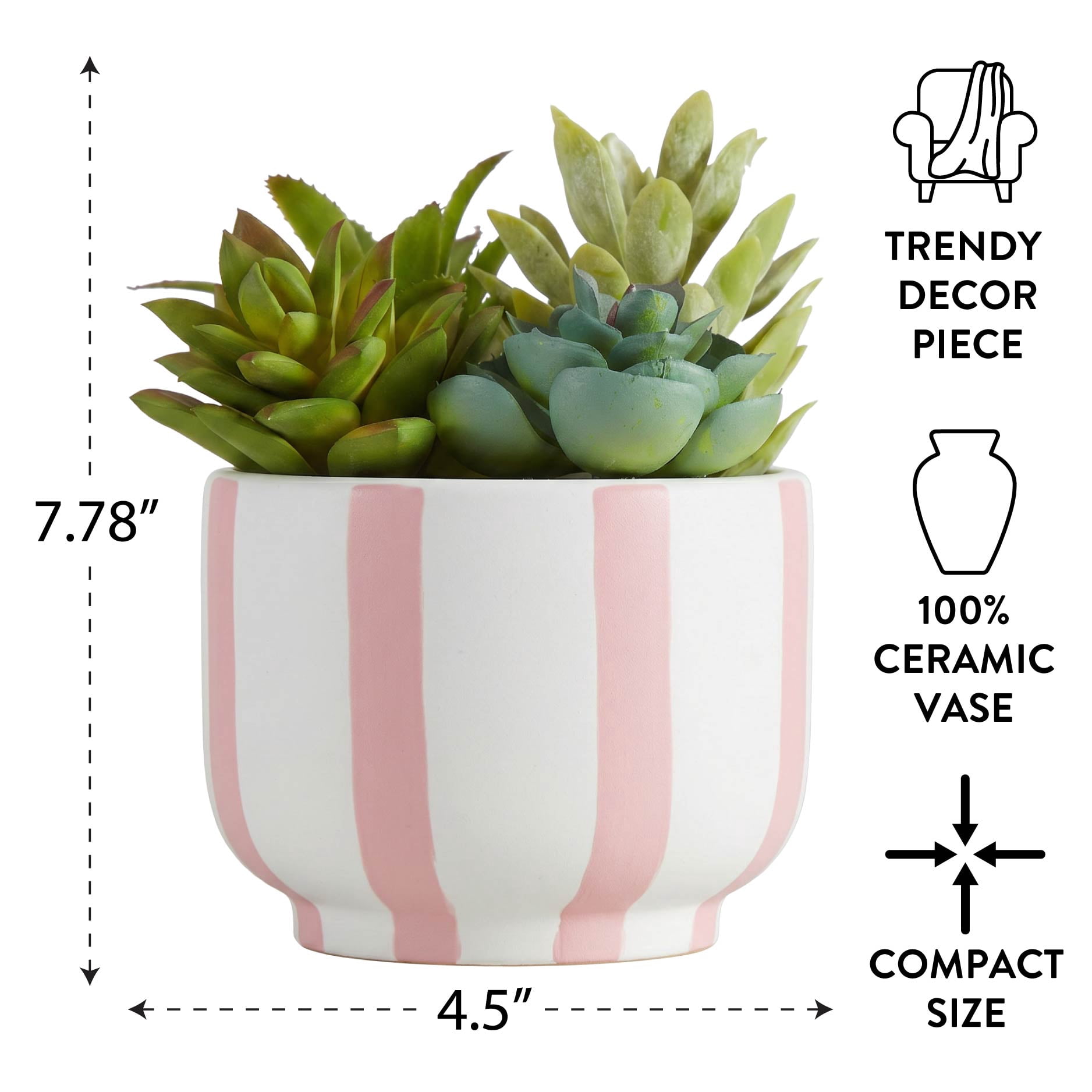 Mainstays Faux Succulent Plant in Pink and White Striped Ceramic Jar