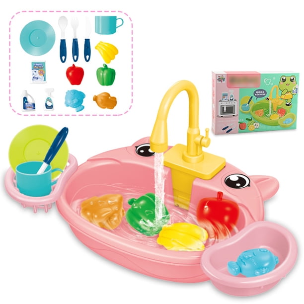 Bewildely Juguetes para niños, lavabo eléctrico de dibujos animados para una divertida experiencia de aprendizaje, grifo que puede liberar Juguetes rosa