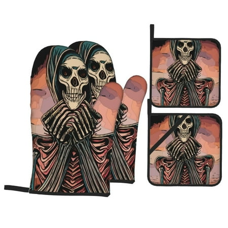 

PUREYAH Oven Mitts And Pot Holders Sets Kitchen Retro Grunge Skeleton Oven Gloves Hot Pads Heat Resistant 4 Pieces