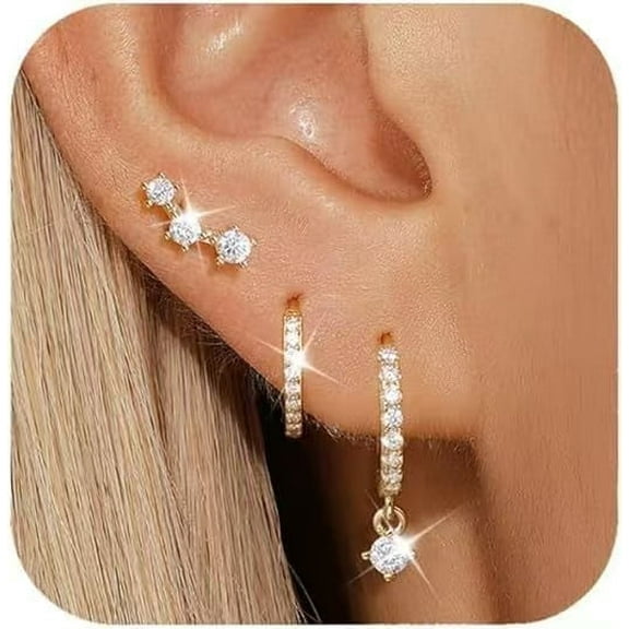 XBage Gold Hoop Earrings Set For Women,Dainty14K Gold Plated Crawler Earring Stacks,Sterling Silver Lightweight Cartilage Stackable Earring Stack,Dangle Hoop Earrings Sets For Multiple P[H300]