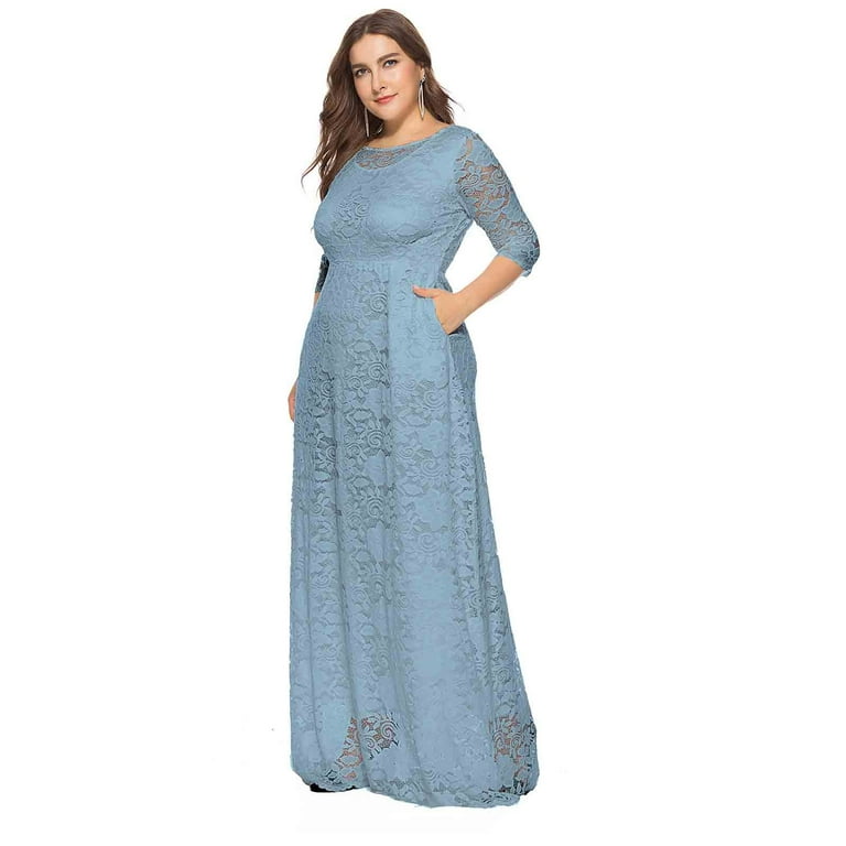 3/4 sleeve Solid Color Maxi Round neck High waist Lace Maxi Dresses 3/4 sleeve Solid Color Maxi Round neck High waist Lace Maxi Dresses