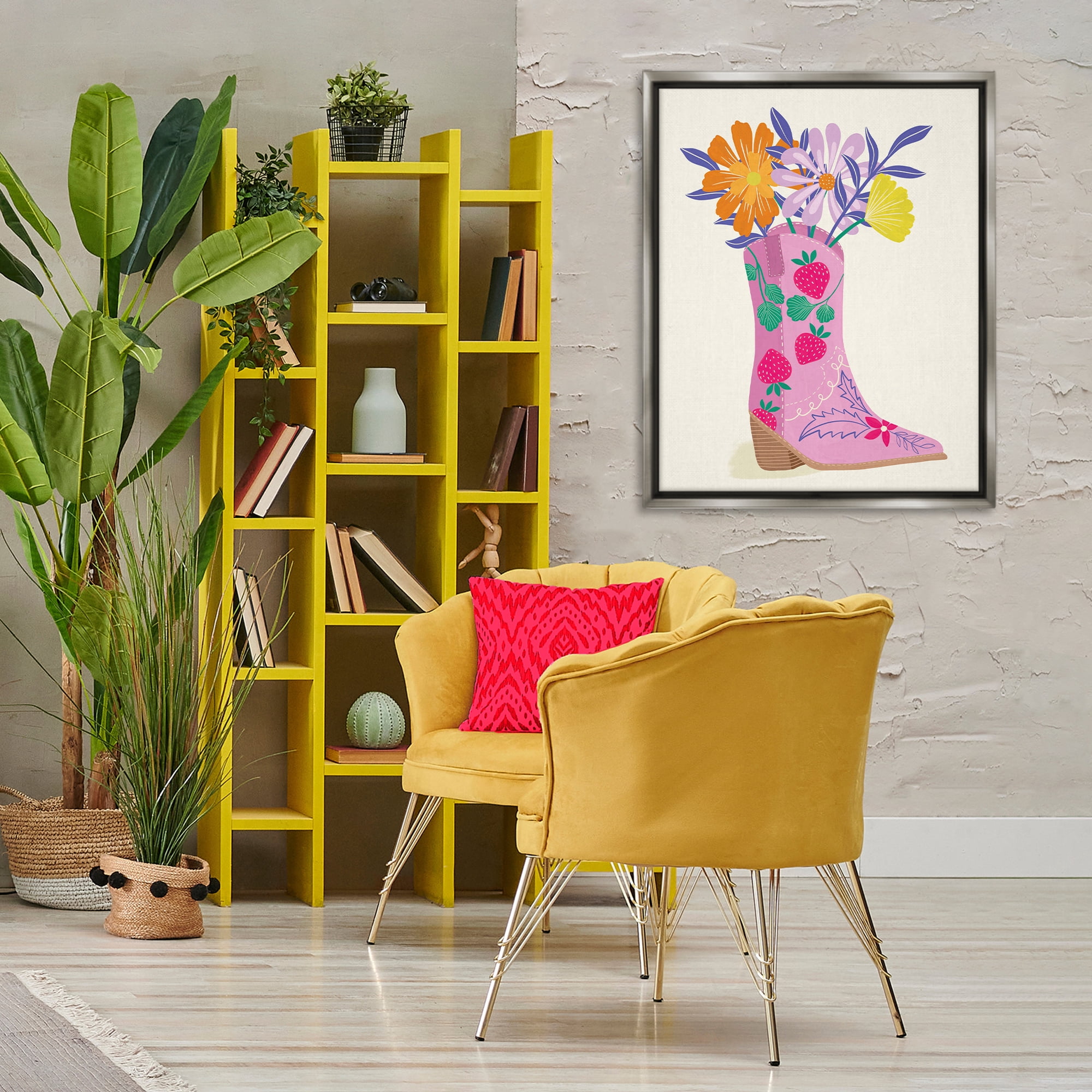 Stupell Industries Strawberry Patterned Floral Boots Plants & Flowers Painting Gray Floater Framed Canvas Art Print Wall Art, 25 x 31
