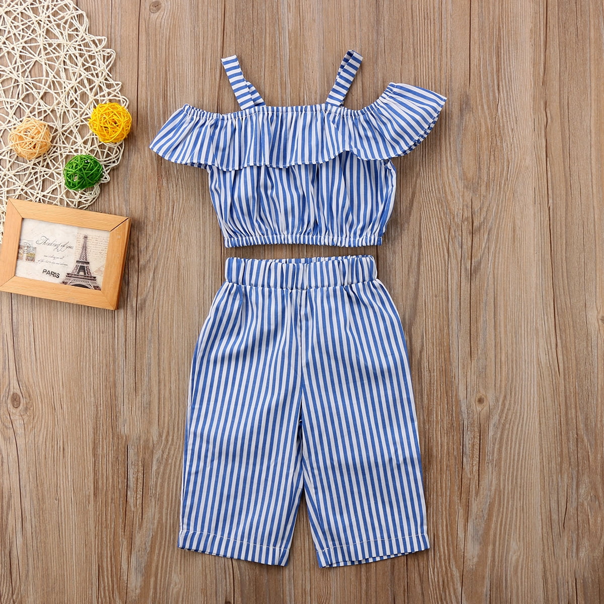 Baby Kids Summer Double Decker Girls Strap Dress Blue Striped Lace Floral
