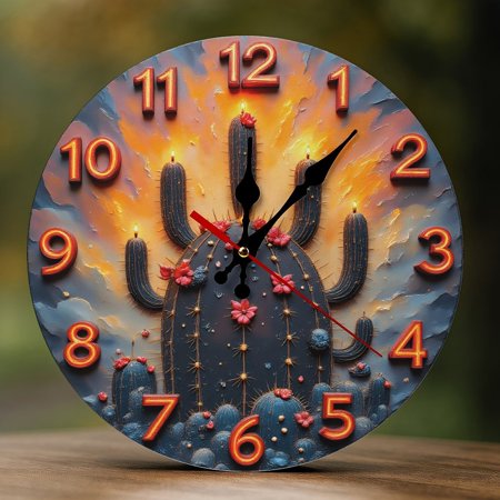 Wall Clock Decorative Neon Cactus Night Print 2 D Vintage Wall Clocks Battery Operated Silent Non