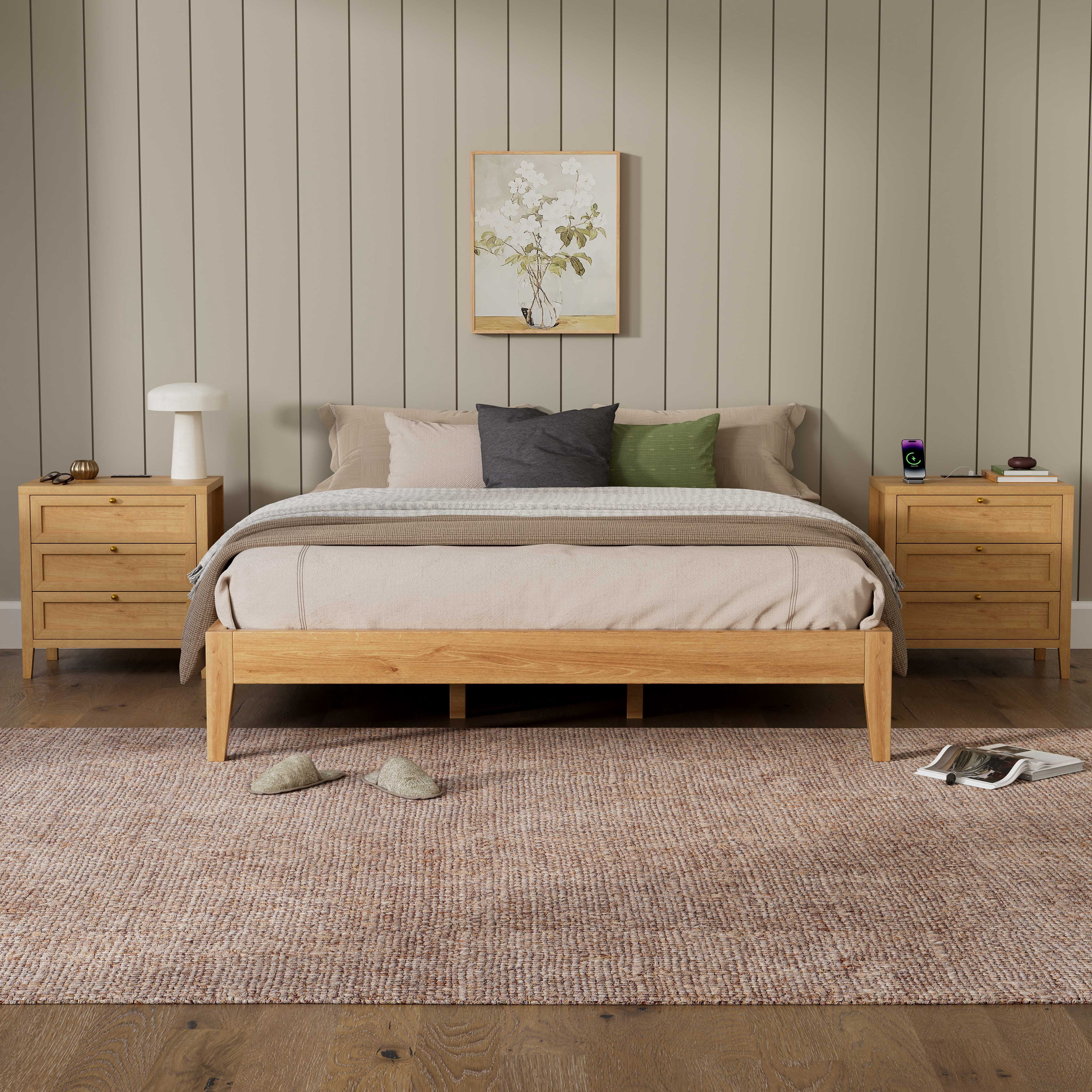 EYYTHUNG Large Nightstand Set of 2 with 3 Drawers, Farmhouse Bedside End Table with Charging Station, Modern Wood Night Stand, Natural Oak