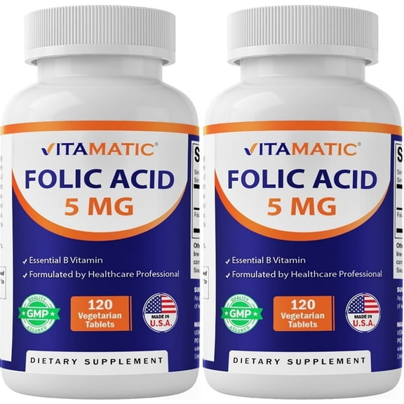 2 Pack - Vitamatic Folic Acid 5mg (5000 mcg) - 120 Vegetarian Tablets - (Vitamin B9 Folate) (Total 240 Tablets)