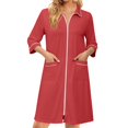 thumbnail image 2 of Robes for Women Zipper Lightweight 3/4 Sleeve Summer Housecoats for Women Zip Up Front Knee Length Plus Size Sleepwear Nightgown with Pockets Red M, 2 of 6