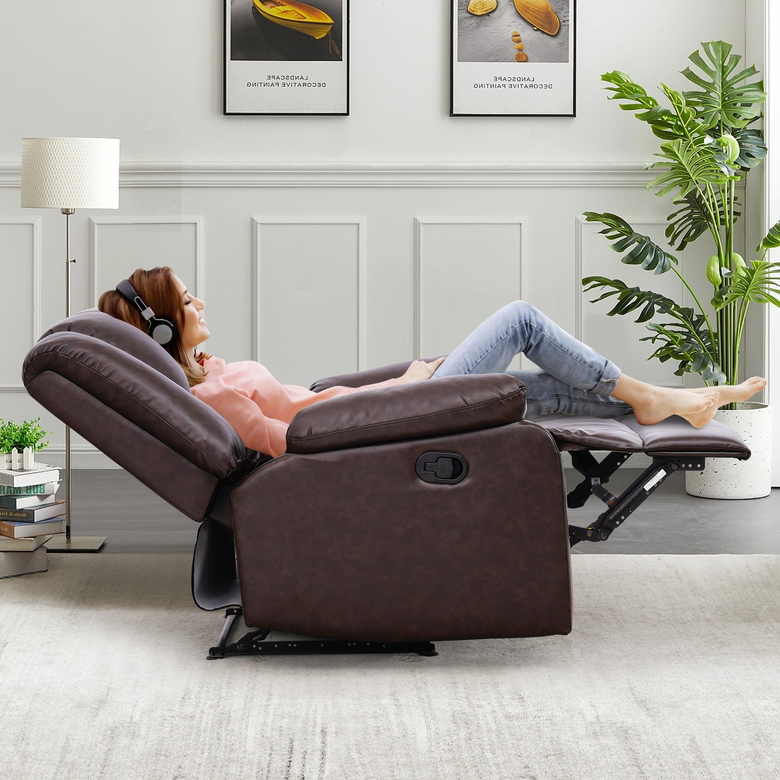 Large Real Leather Recliner Chair, 150 Degree Tilt, Living Room Bedroom Sofa Recliner