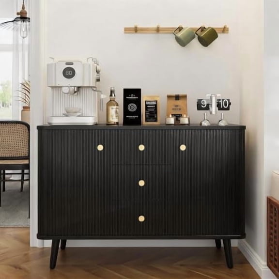 47 Inch Black Fluted Buffet Cabinet, Wooden Sideboard Coffee Bar Storage Unit