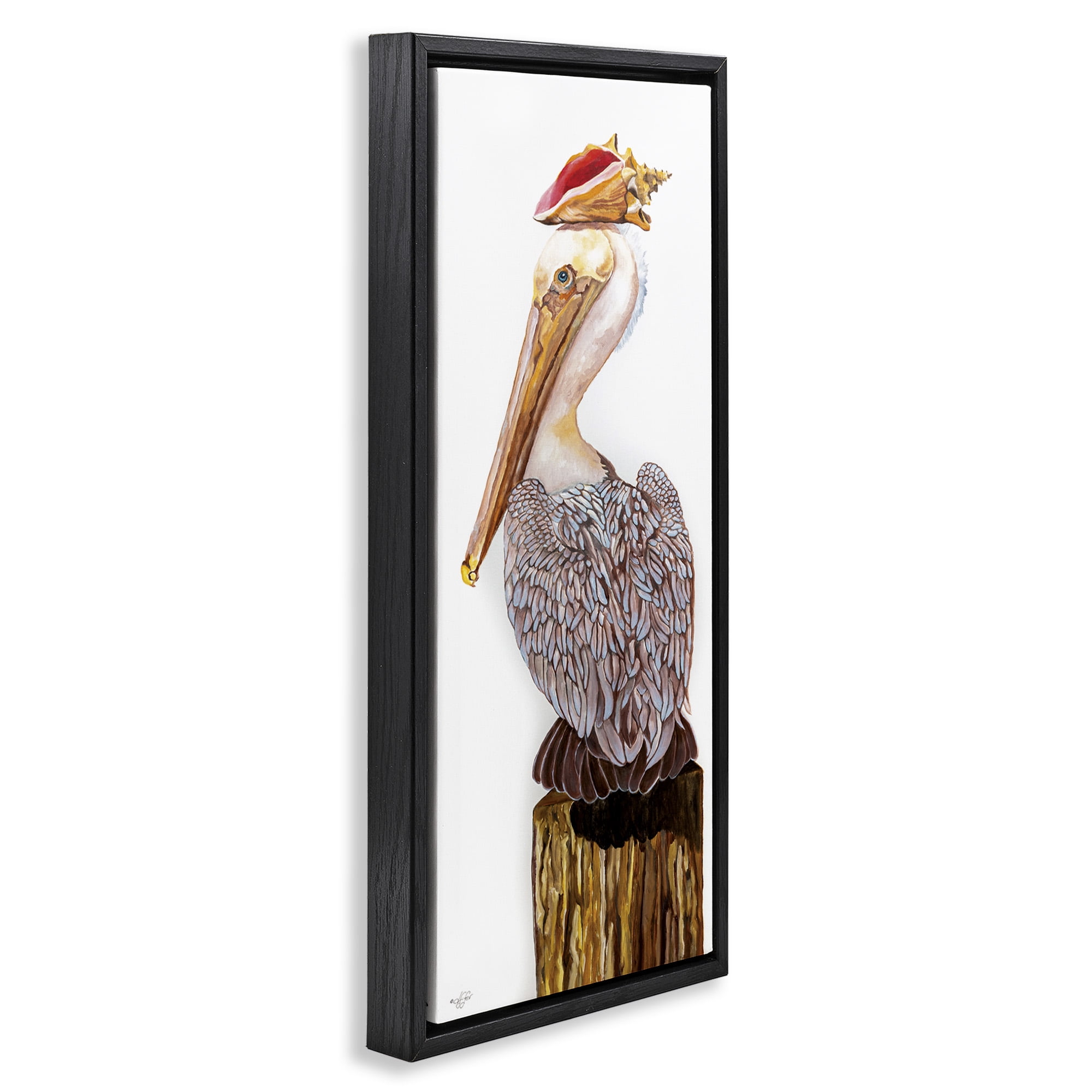 Stupell Industries Nautical Pelican with Sea Shell Animals & Insects Painting Black Floater Framed Canvas Art Print Wall Art, 11 x 25