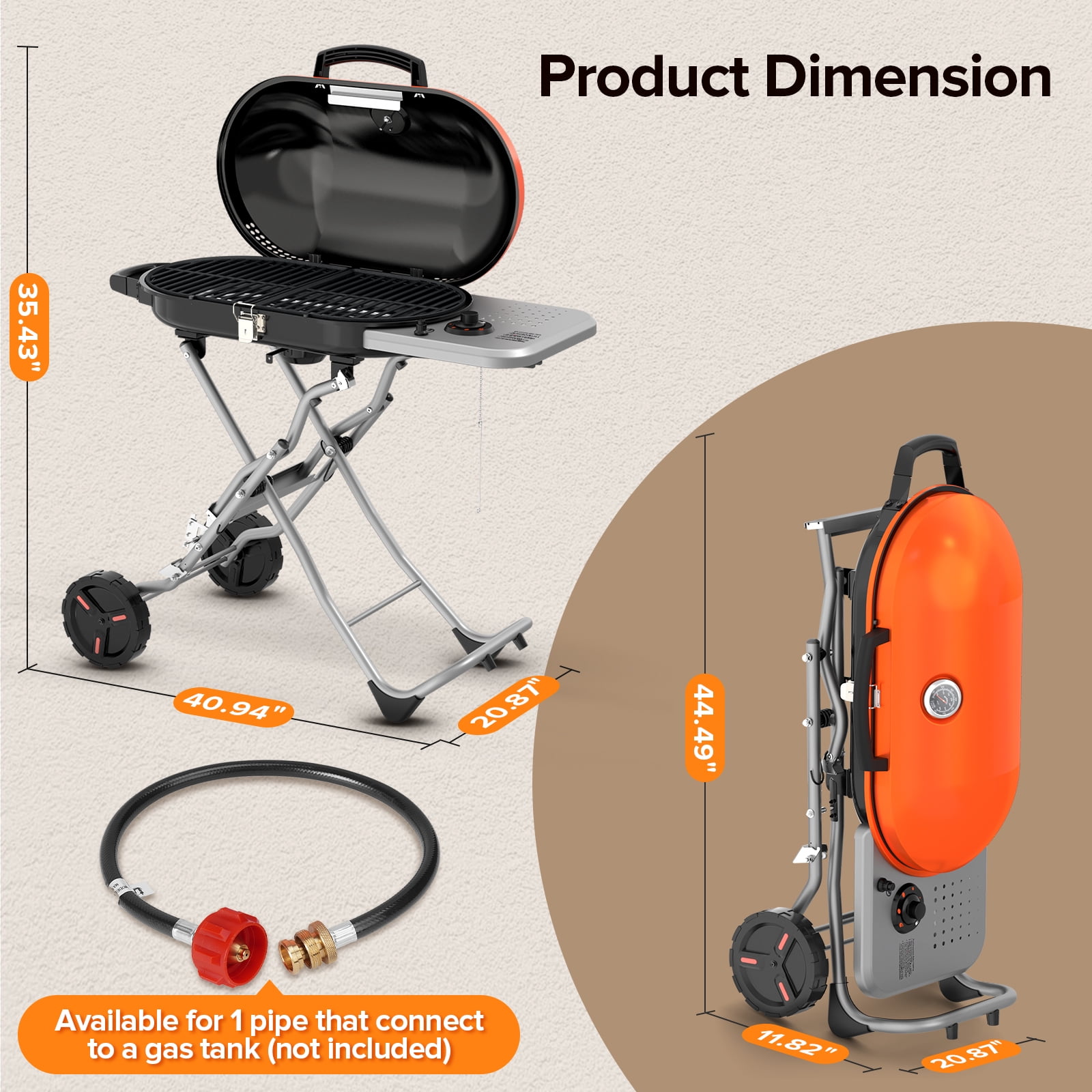 LHRIVER Portable 348 sq.in Stand-Up Propane Grill, 15000 BTU Folding Gas Grill Cart with Side Table & 2 Wheels for Camping, Patio, Orange