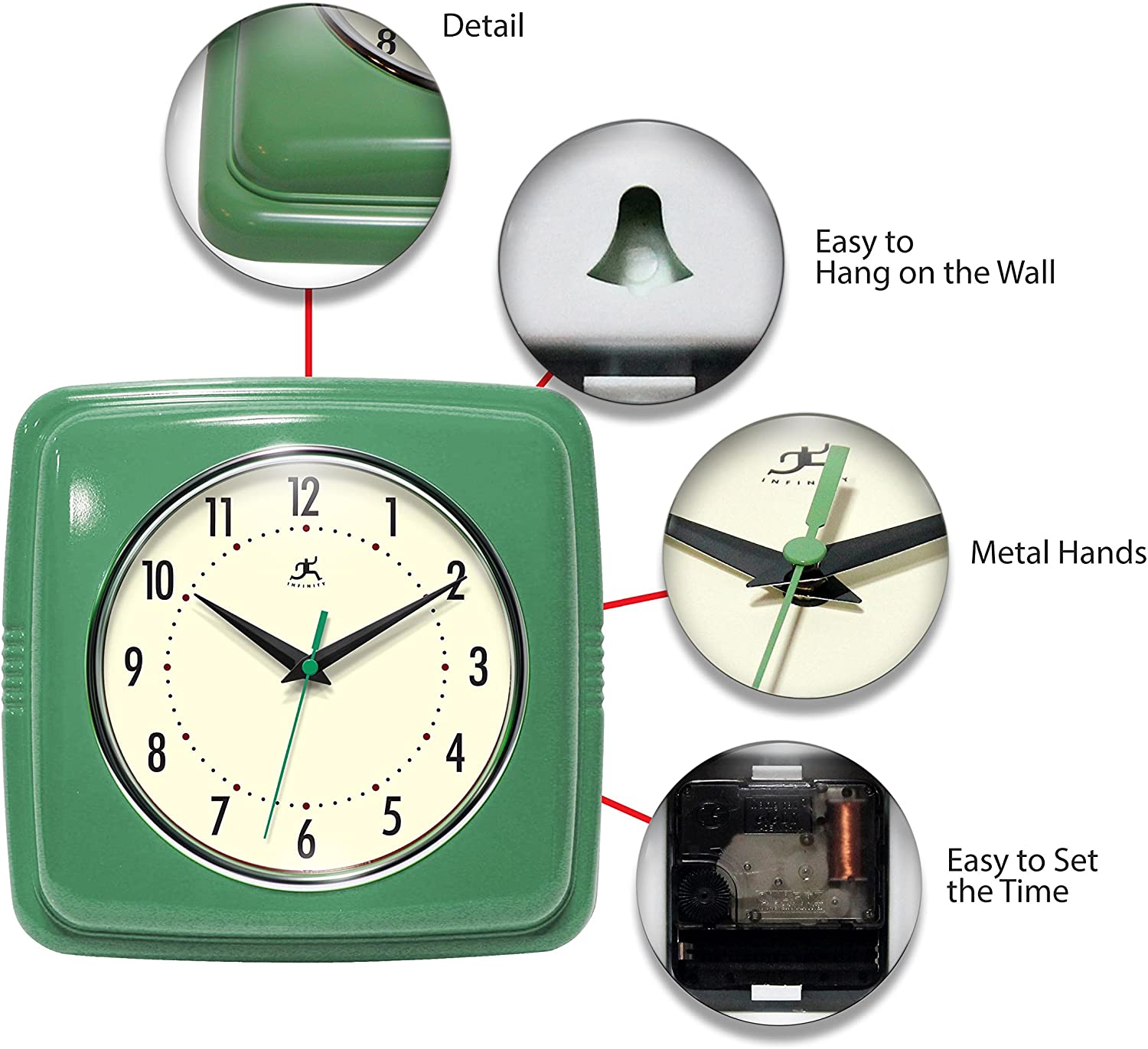 Infinity Instruments 9.25" Retro Square Wall Clock, Green photo 2
