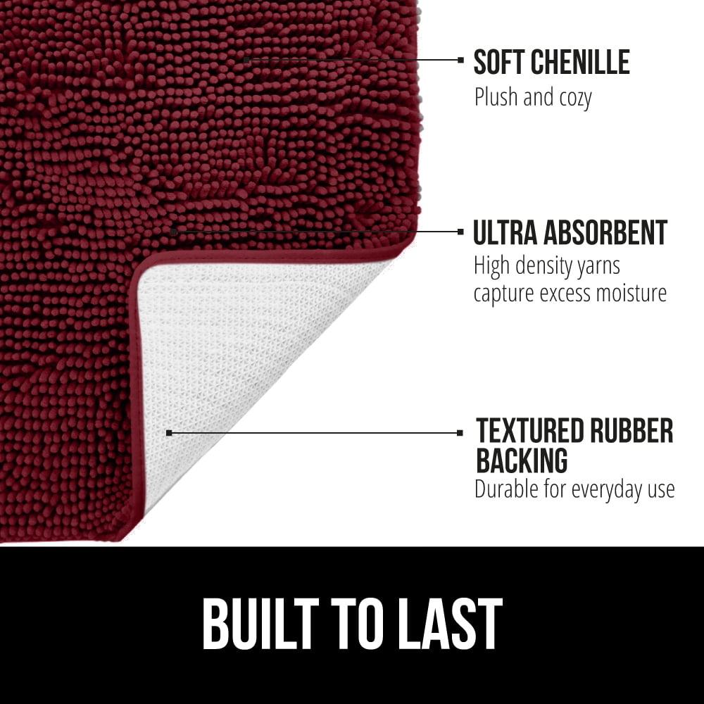 GORILLA GRIP Chenille Bath Rug 30x20, Rubber Backing Quick Dry Washable Microfiber Mats, Burgundy