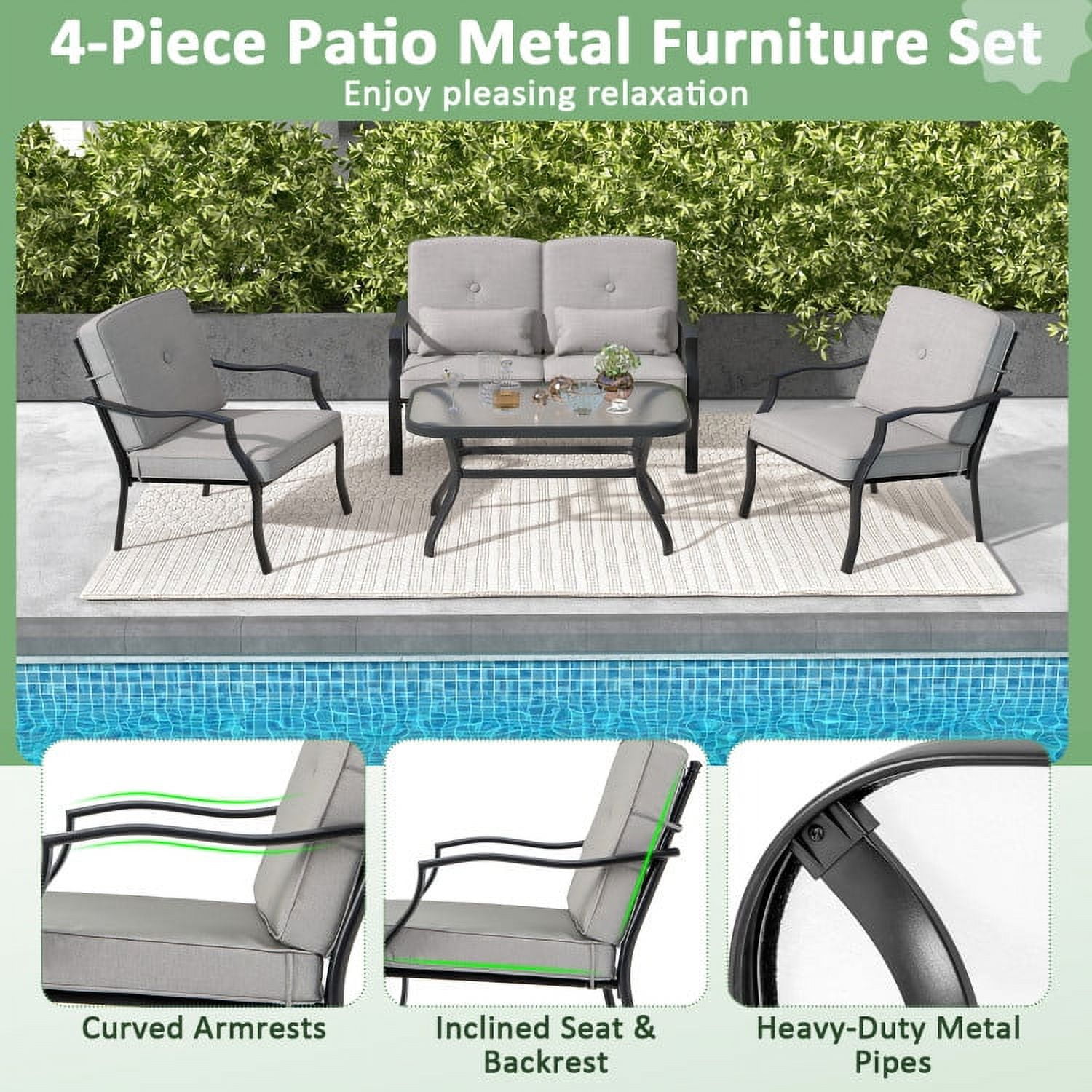 Aimee Lii 4 Pieces Outdoor Conversation Set with Seat Back Cushions and Waist Pillows, Patio Sectional Furniture Set, Gray Aimee Lii 4 Pieces Outdoor Conversation Set with Seat Back Cushions and Waist Pillows, Patio Sectional Furniture Set, Gray