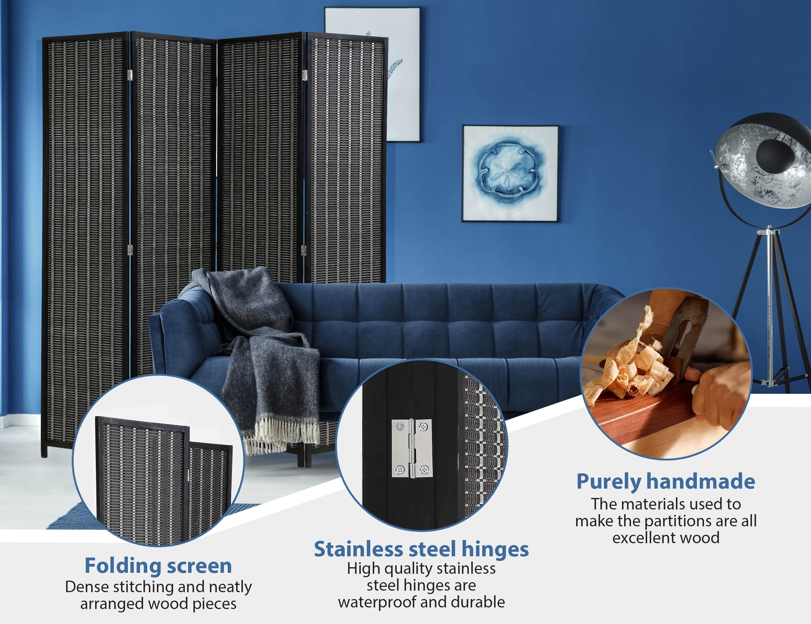 CL.HPAHKL Bamboo Room Divider 4 Panel Folding Privacy Screen Freestanding Wall Divider 6 ft Tall Room Partitions and Dividers for Home Bedroom Living Room, Black