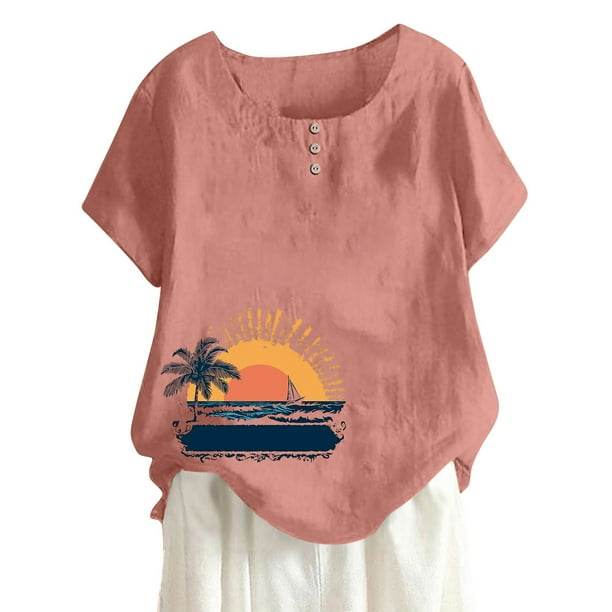 Camisas de Manga Corta para las Mujeres Blusas de Impresión Casual Botón Cuello Redondo, Top de Verano Ligero para el Día Y el Trabajo