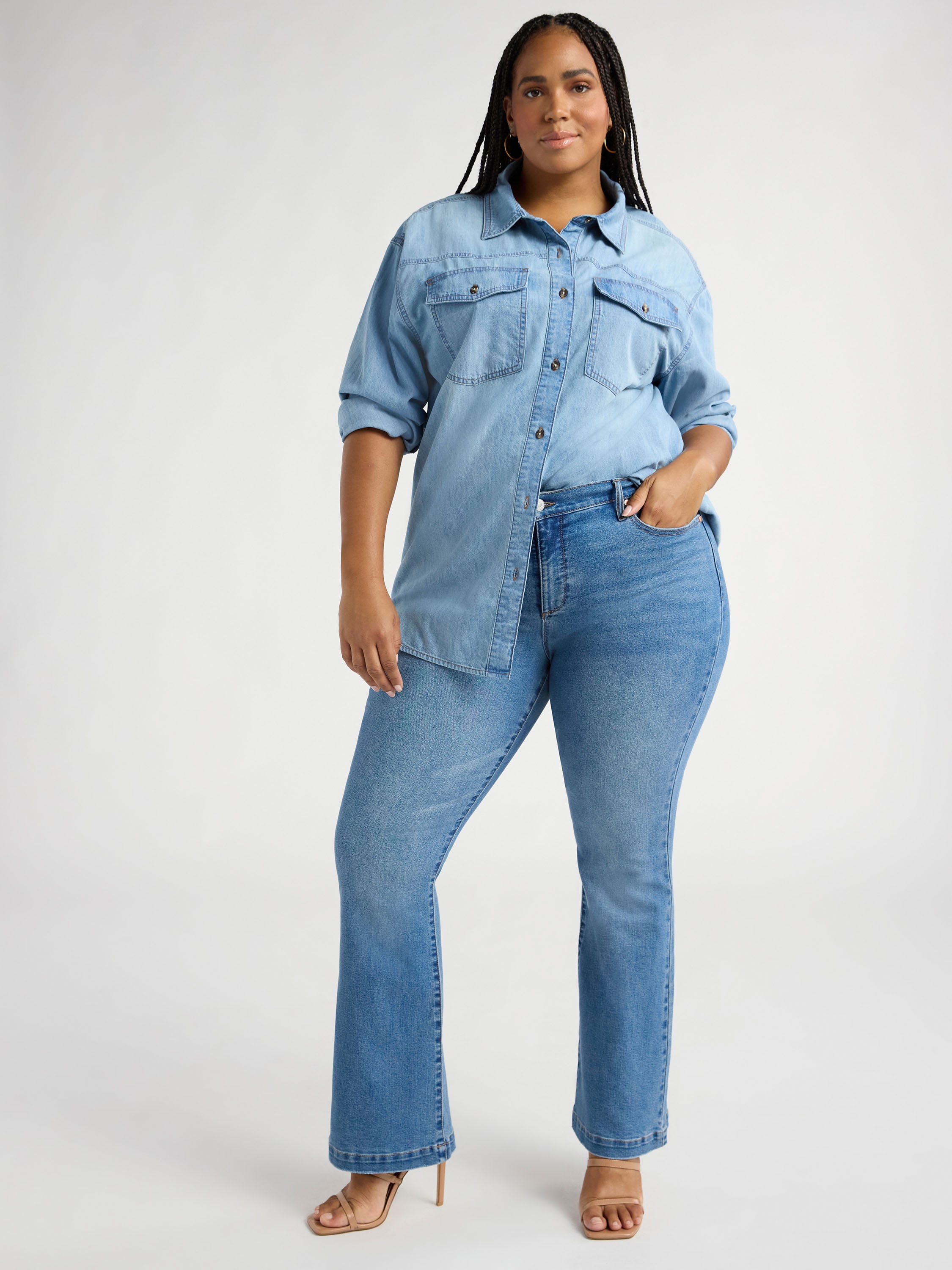 Sofia by Sofia Vergara Women's and Women's Plus Sofia Oversized Boyfriend Shirt with Long Sleeves, Sizes XS-4X