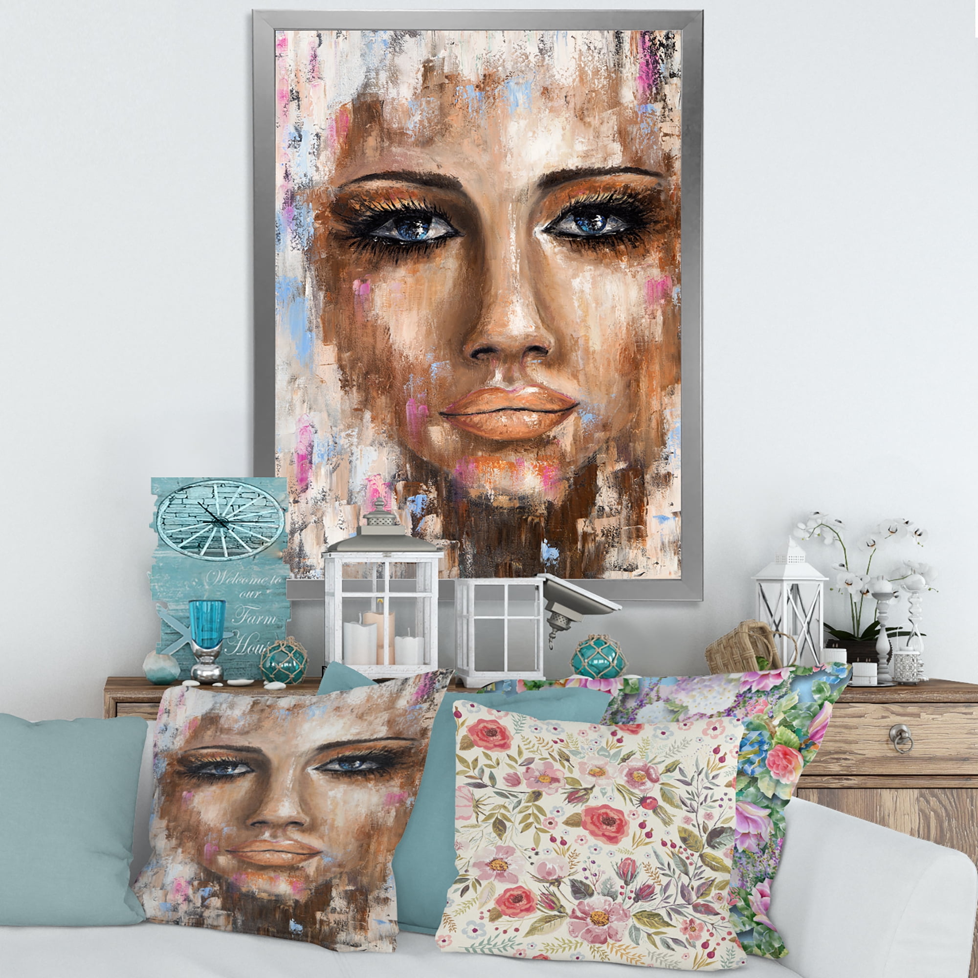 Designart 'Abstract Portrait Of A Young Woman With Blue Eyes I' Modern Framed Art Print