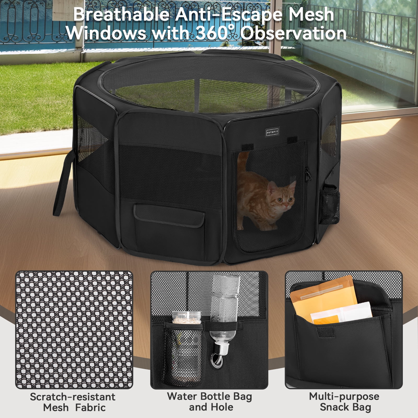 PETSFIT Portable Dog Playpen,36" Dog Play Pen Indoors with Removable Waterproof Mat & Zippered Roof | RV, Camping, Travel Dog Pen | Whelping & Cat Observation Space