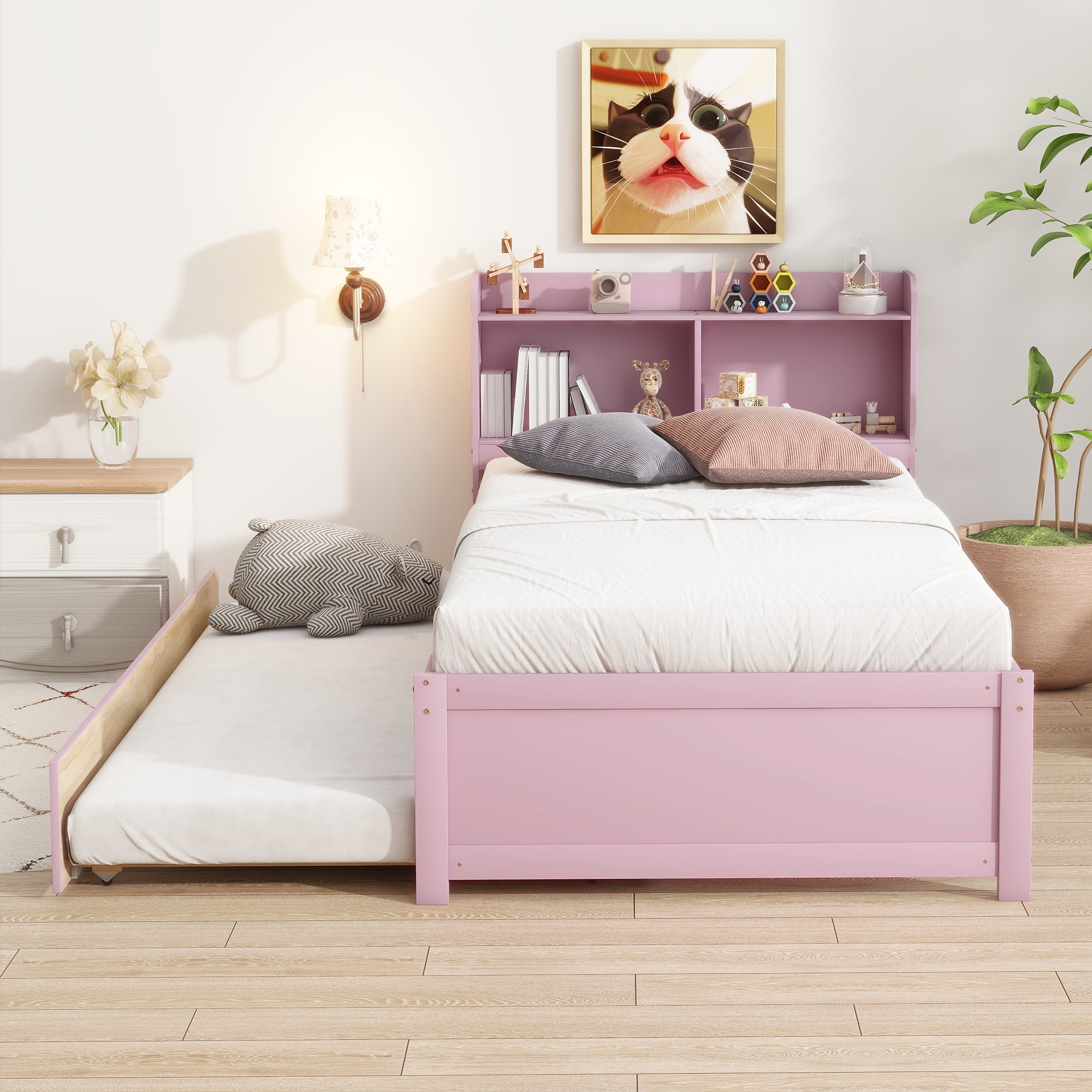 Miniyam Twin Size Bed with Trundle & Bookcase Headboard for Kids,Pink